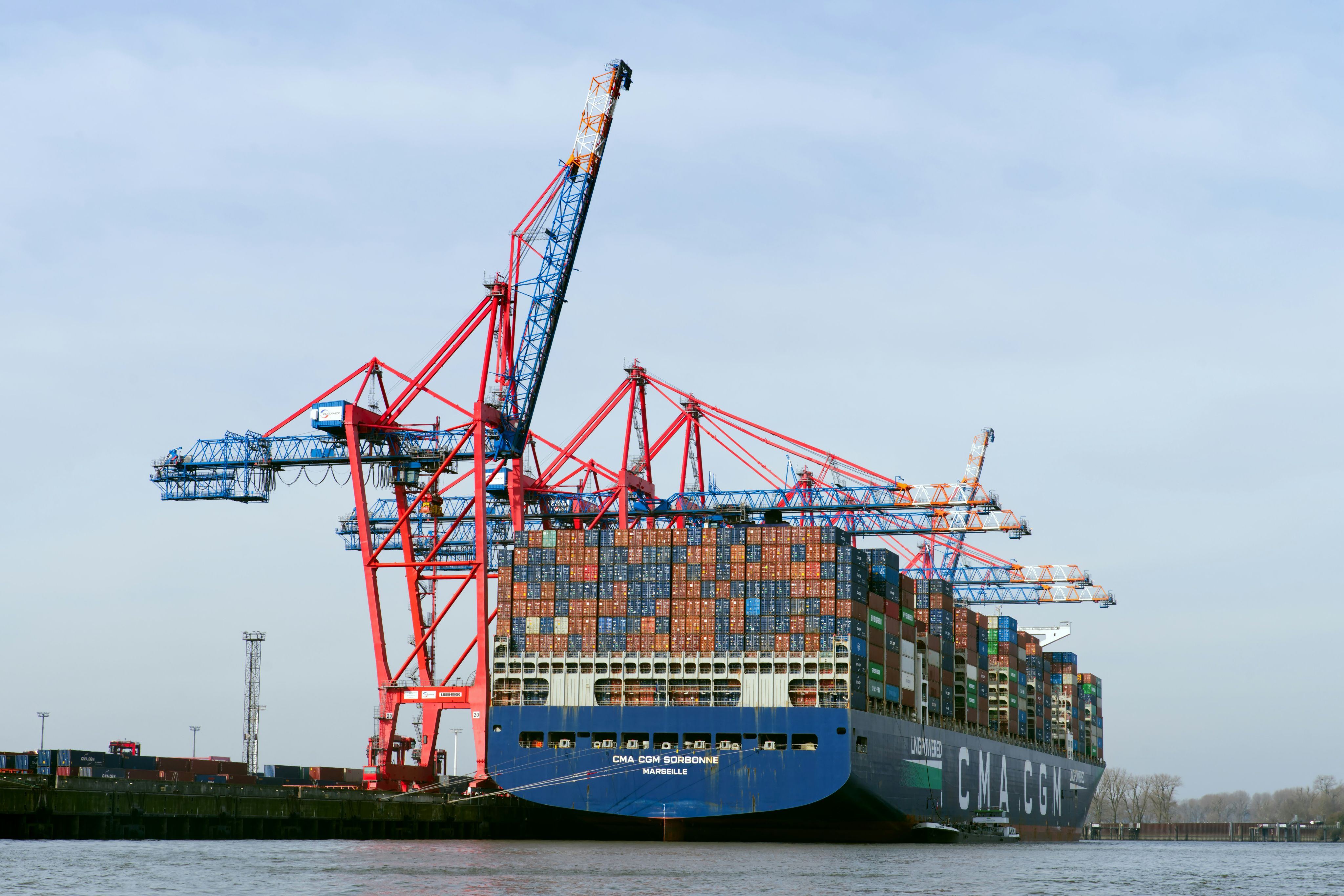Container vessel at a port terminal loading export cargo bound for international markets